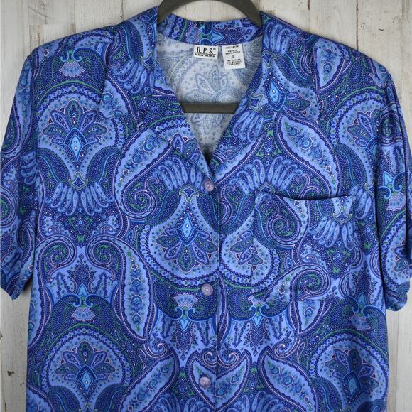 90's vintage blue paisley short sleeve button up blouse shirt top small medium - Picture 2 of 7